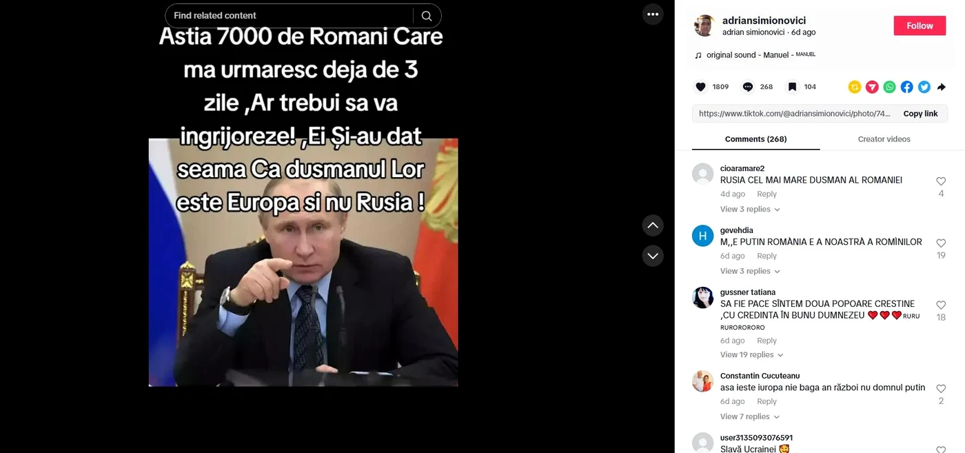 Exemplu de postare pro-Putin FOTO TikTok