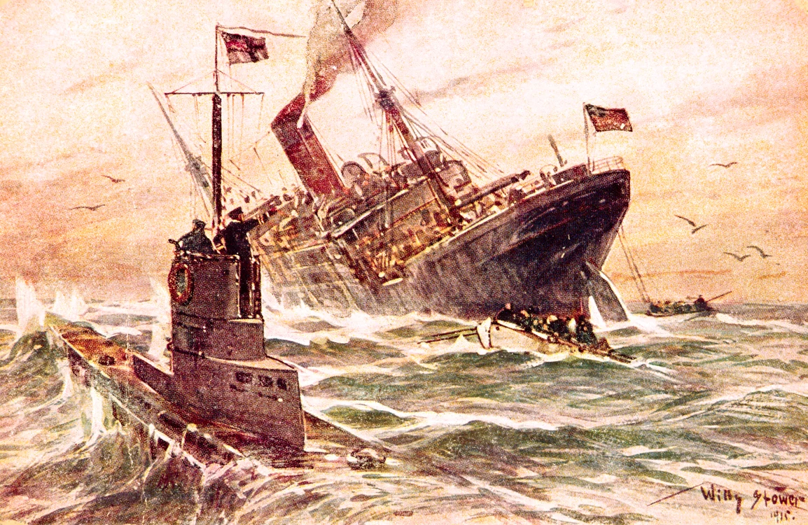 Ilustraţie de epocă: un vas britanic torpilat de un submarin german se scufundă