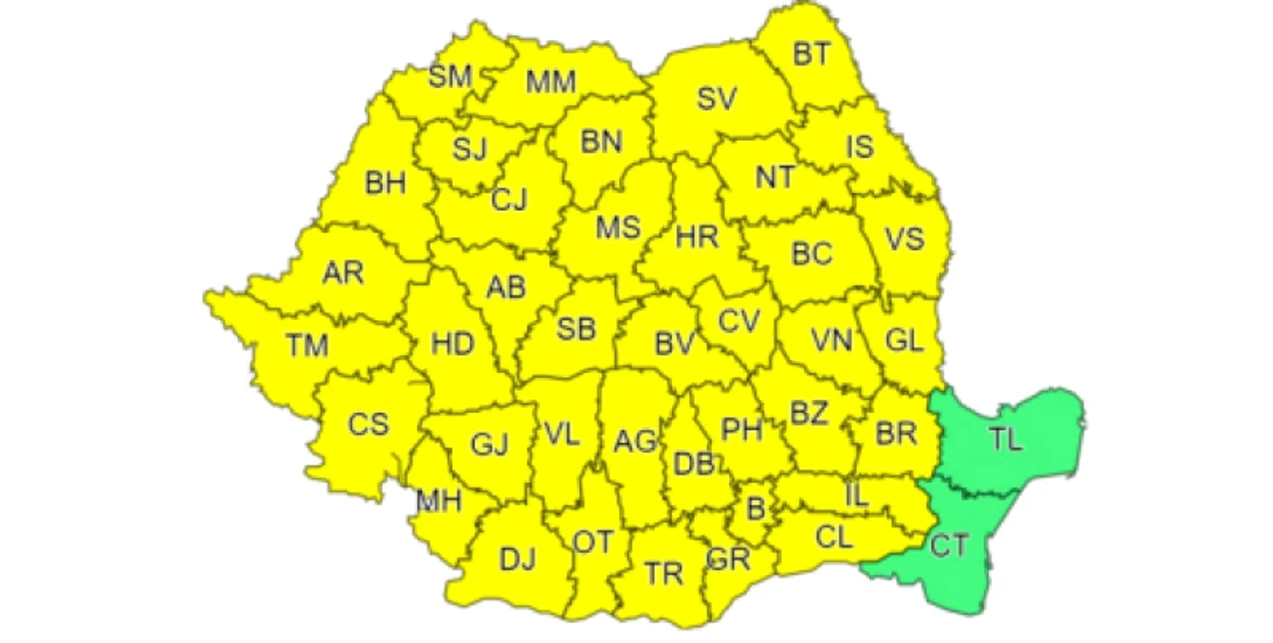 Județele vizate de avertizarea tip „Cod Galben”. Sursa: meteoromania.ro