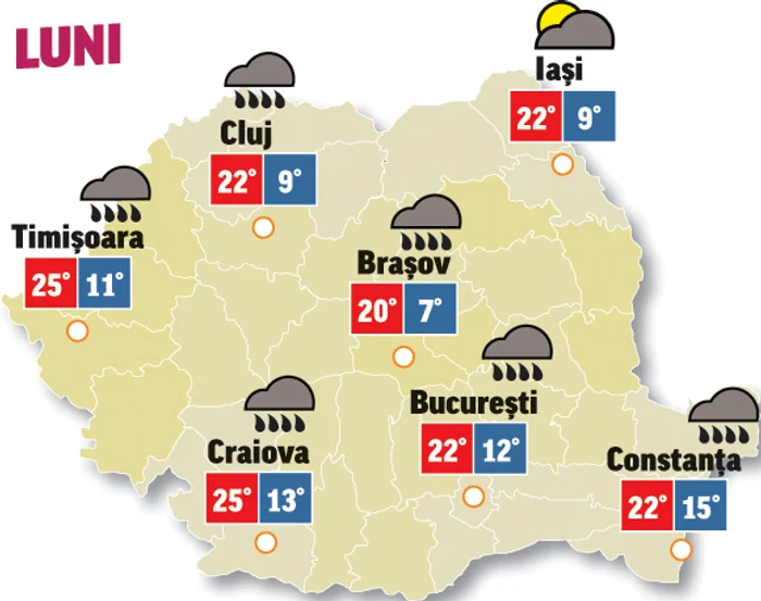 În prima zi a săptămânii aria ploilor se va extinde și va cuprinde majoritatea regiunilor