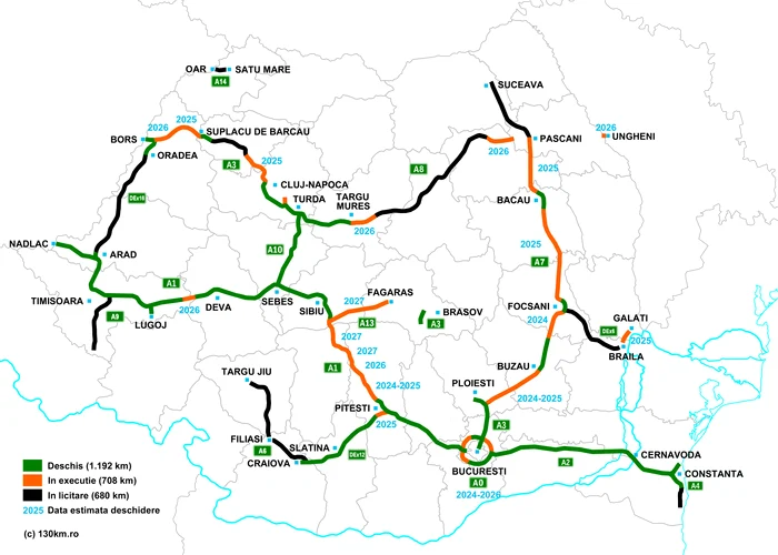 Harta autostrazilor din România. Foto: 130km.ro