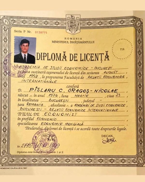 Diploma licență ASE a ministrului Investițiilor și Proiectelor Europene Dragoș Pîslaru. Sursa: FB
