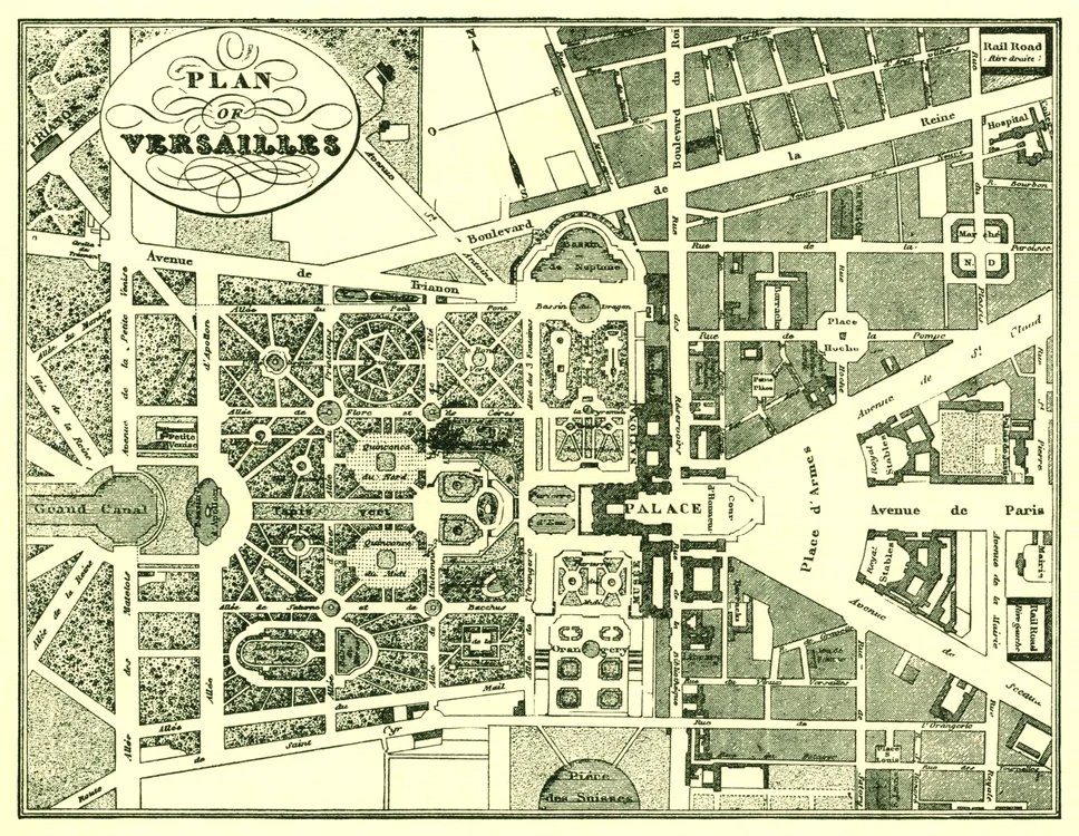 Hartă de secol XIX a grădinilor de la Versailles