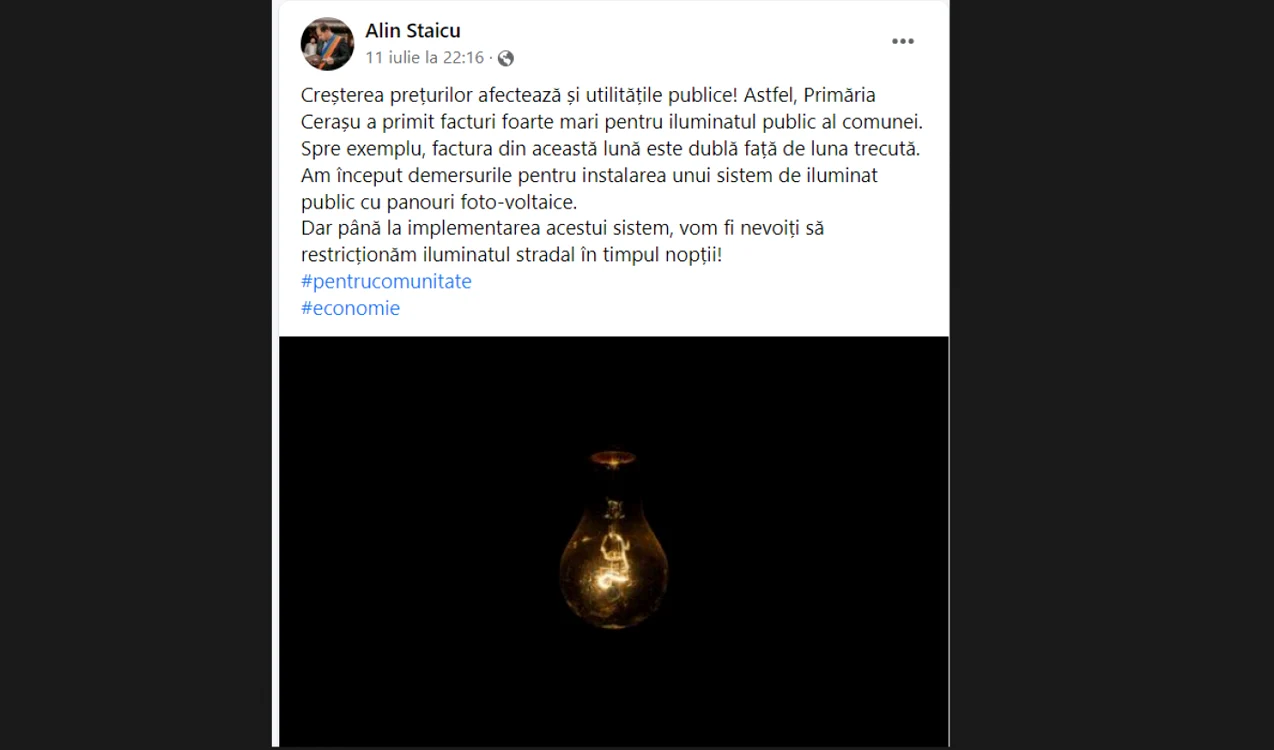 Primarii din comunele sărace, decizii drastice din cauza facturilor la utilităţi FOTO Facebook/Alin Staicu