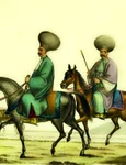 Boieri fanarioţi călare şi o trăsură cu o familie de boieri de prim rang; desen de Chevalier Auguste de Henikstein