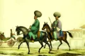 Boieri fanarioţi călare şi o trăsură cu o familie de boieri de prim rang; desen de Chevalier Auguste de Henikstein