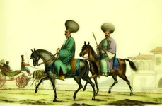 Boieri fanarioţi călare şi o trăsură cu o familie de boieri de prim rang; desen de Chevalier Auguste de Henikstein
