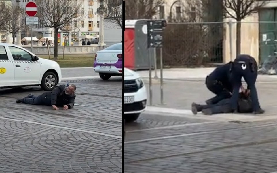 Scenă incredibilă în centrul Oradiei. Un susținător al lui Călin Georgescu a făcut flotări pe linia de tramvai. Bărbatul a fost săltat de poliție