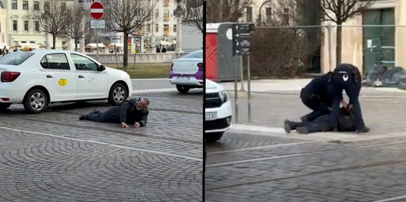 Bărbatul s-a aruncat pe linia tramvai din fața Primăriei Oradea FOTO Captură video