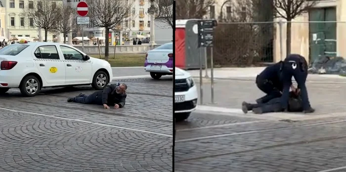 Bărbatul s-a aruncat pe linia tramvai din fața Primăriei Oradea FOTO Captură video