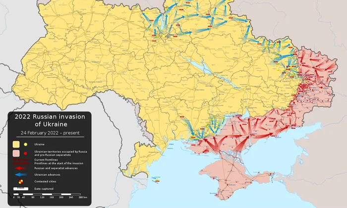 Invazia rusă în Ucraina (hartă de Viewsridge / Wikimedia Commons)