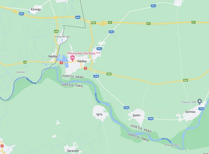 Harta cu zona aflată între Semlac (Arad)-Periam Port (Timiș) și granița cu Ungaria