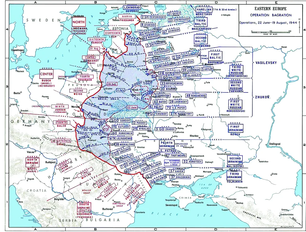 Hartă cu principalele direcții de înaintare a forțelor sovietice în timpul Operațiunii Bagration