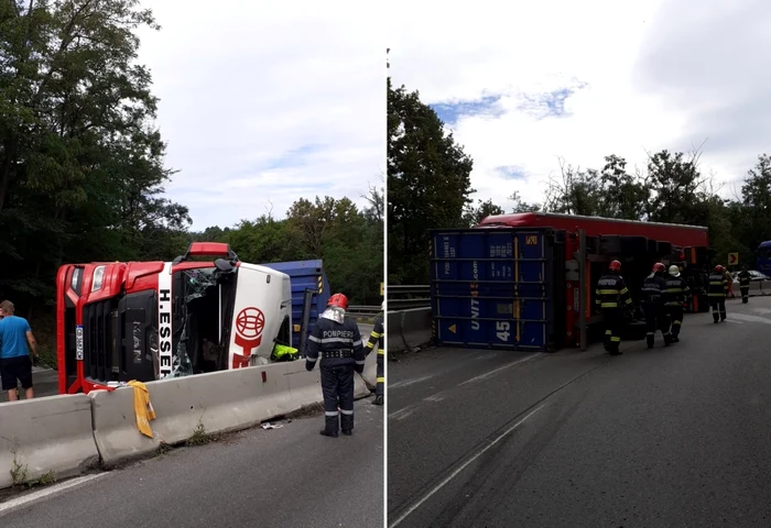 TIR înamtriculat în Bulgaria încărcat cu panouri solare - răsturnat pe DN7 - Dealul Negru în Vâlcea Foto colaj ISU Vâlcea