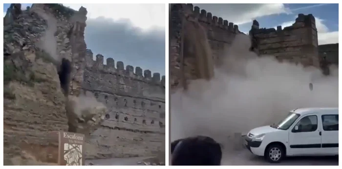 Un turn medieval al unui castel s-a prăbușit în Spania / Colaj captură video X