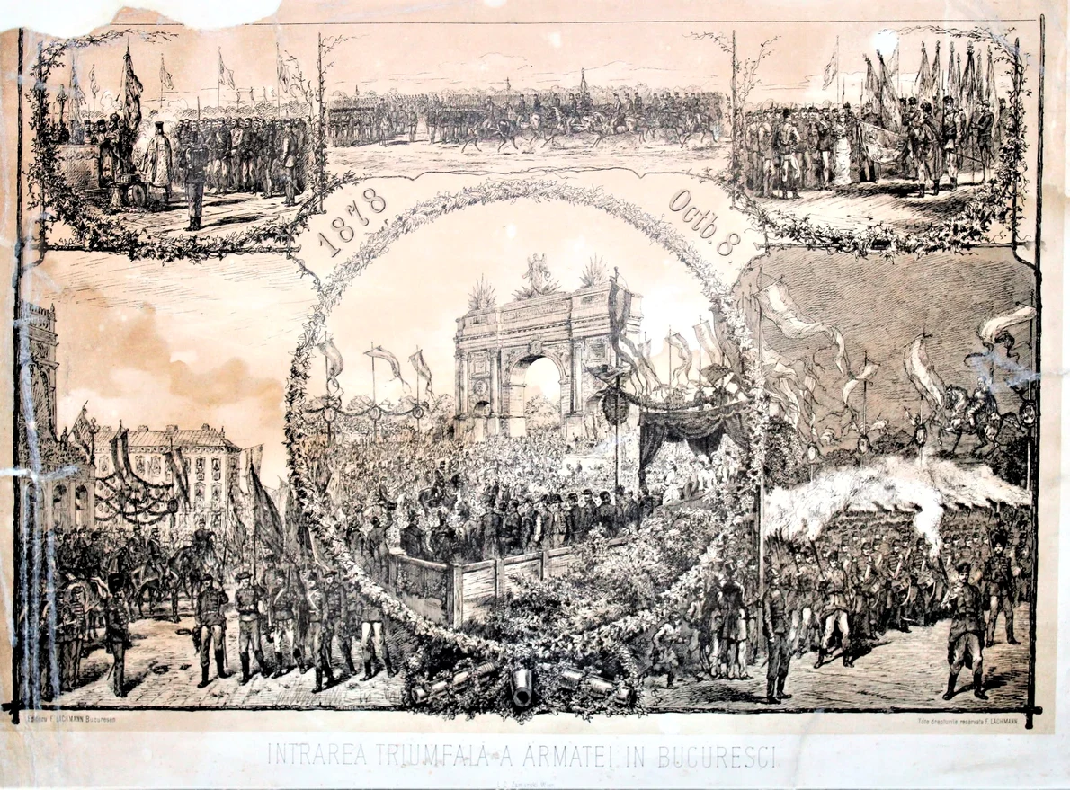 Foto sus: „Intrarea triumfală a armatei în București, 8 octombrie 1878”. Litografie-sepia, L. C. Zamarski, Wien, Editor F. Lachmann