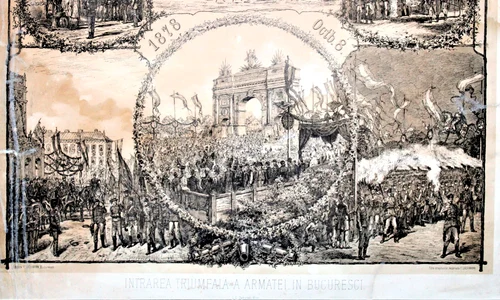 Foto sus: „Intrarea triumfală a armatei în București, 8 octombrie 1878”. Litografie-sepia, L. C. Zamarski, Wien, Editor F. Lachmann