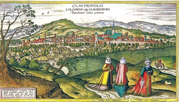 Vedere panoramică a orașului Cluj în secolul al XVII-lea (gravura în metal, cca. 1617). În stânga jos, pe o placă dreptunghiulară, se consemnează dedicația către arhiducele Ferdinand, precum și numele autorilor: Egidius van der Raye Belga și Georg Houfnaglius. În prim-plan sunt trei doamne din nobilime, în costumele epocii, desenate cu multa migală. În planul doi, un ostaș călare străbate drumul de intrare în oraș printre dealurile cu vii.