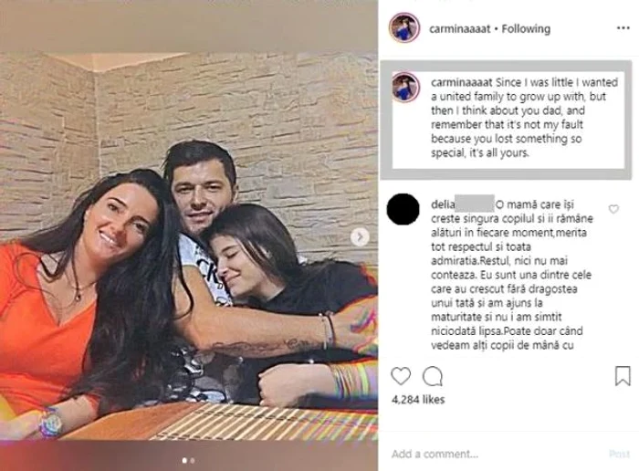Carmina a publicat în mediul online o imagine emoționantă, urmată de un mesaj dureros 
