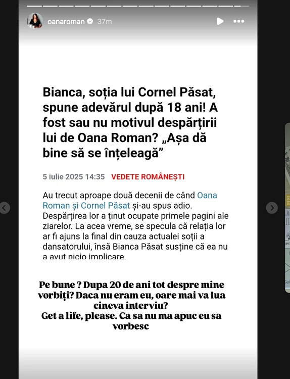 Reacția Oanei Roman / foto: Instagram 