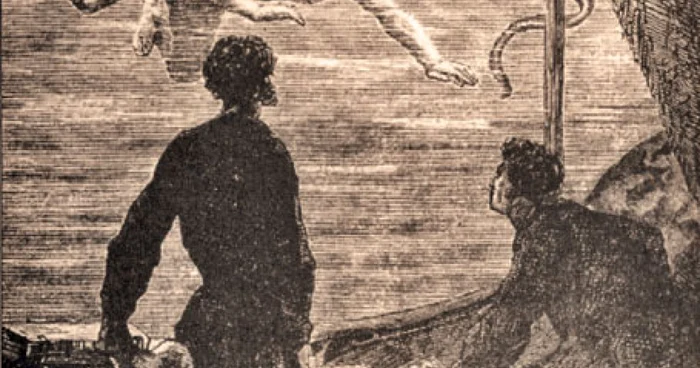 Personaje fantastice în adâncurile mării, într-o ilustraţie din volumul „20.000 de leghe sub mări“