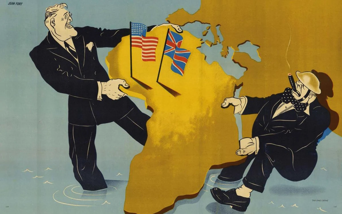 Hartă din 1941. Preşedintele Franklin Roosevelt şi premierul Winston Churchill într-o luptă de supremaţie asupra continentului african.