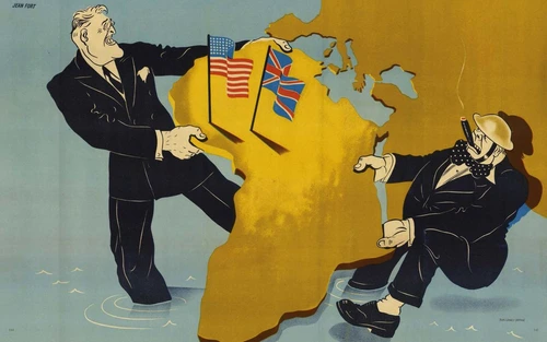 Hartă din 1941. Preşedintele Franklin Roosevelt şi premierul Winston Churchill într-o luptă de supremaţie asupra continentului african.