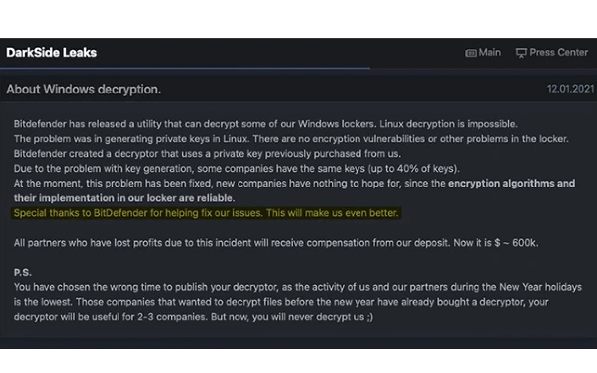 Anunt DarkSide Bitdefender