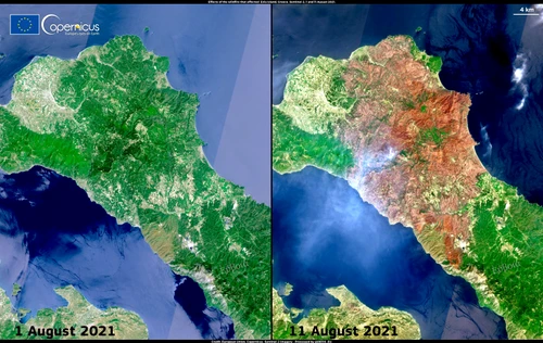 Imaginile din satelit cu insula Evia înainte și după incendii arată proproțiile dezastruluiFoto: European Union, Copernicus Sentinel-2 imagery