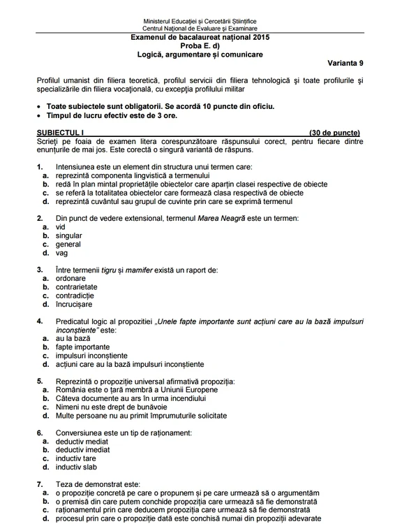 Bac 2015 subiecte. Logică - prima sesiune