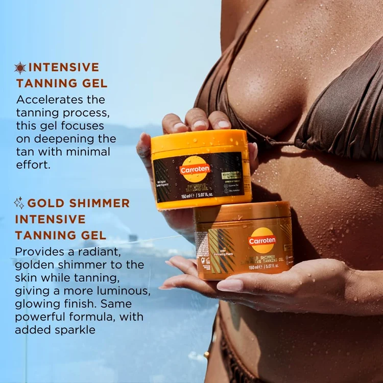 Femeie în costum de baie prezentând 2 dintre cele mai bune acceleratoare de bronz Carroten/Amazon