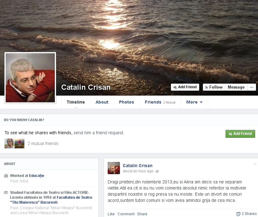 Cătălin Crişan a anunţat, pe pagina lui de Facebook, că el şi Alina urmează să divorţeze