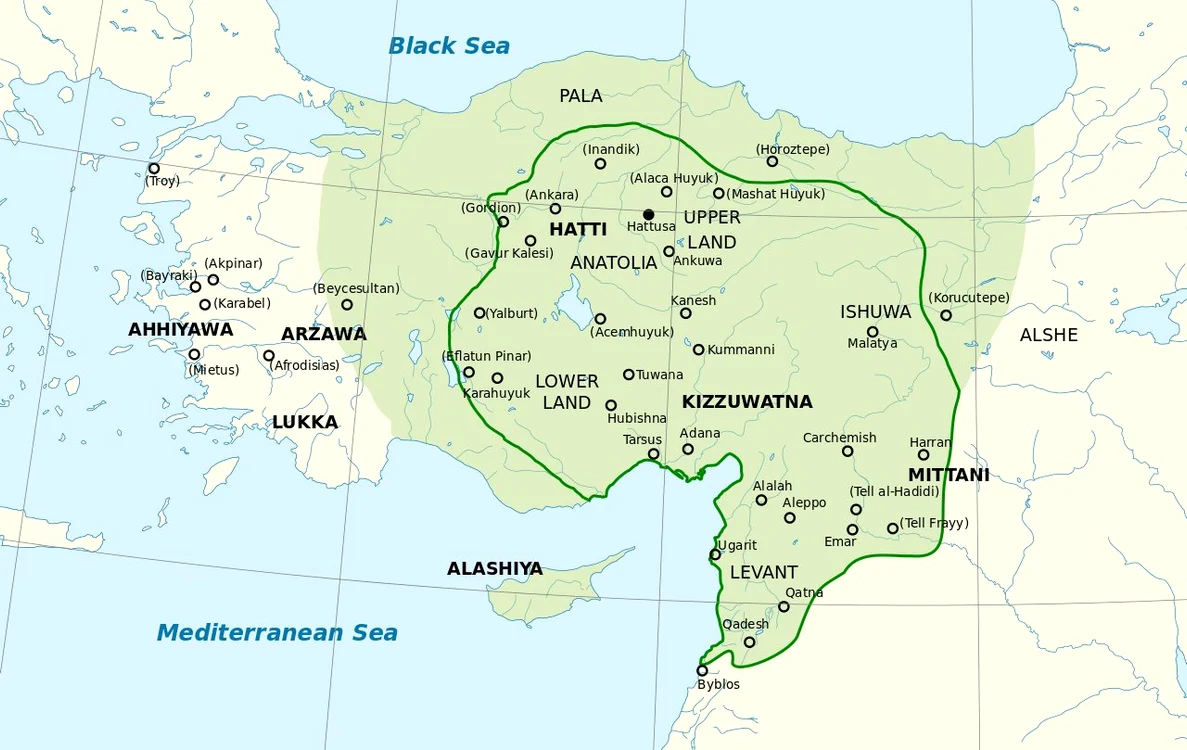 Harta extinderii maxime a Imperiului hitit, circa 1350-1300 î.Hr. (foto: Sémhur / Wikimedia Commons)