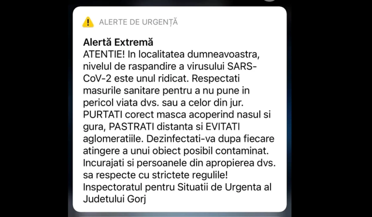 Mesajul RO-Alert distribuit cetăţenilor din Gorj