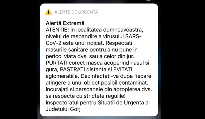 Mesajul RO-Alert distribuit cetăţenilor din Gorj