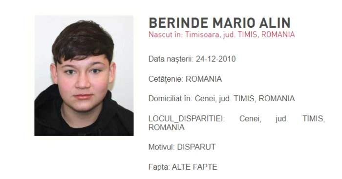Băiatul fusese dat dispărut de mama sa. FOTO: Poliţia Română