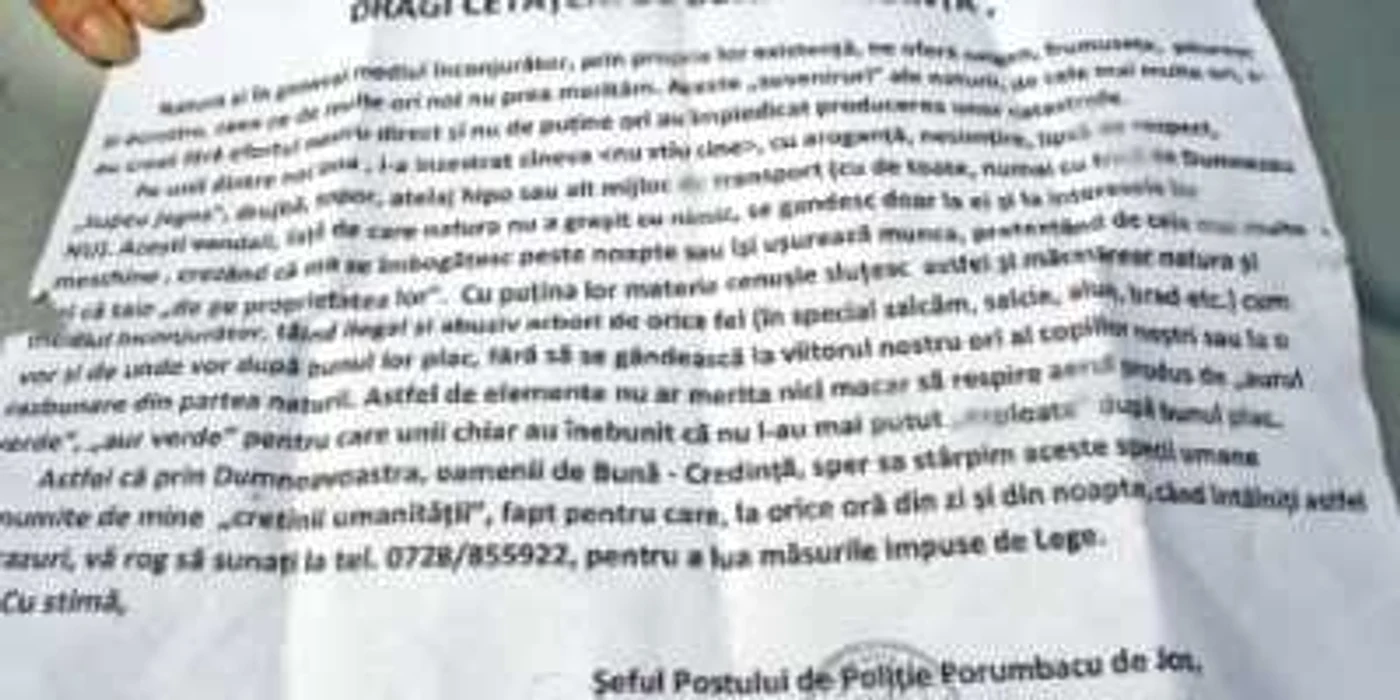 Mesajul scris de agentul Marin Andreoiu, şef de post la  Porumbacu de Jos 