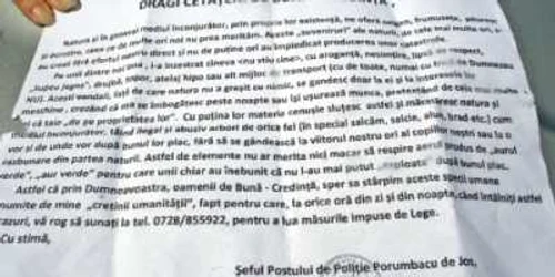 Mesajul scris de agentul Marin Andreoiu, şef de post la  Porumbacu de Jos 