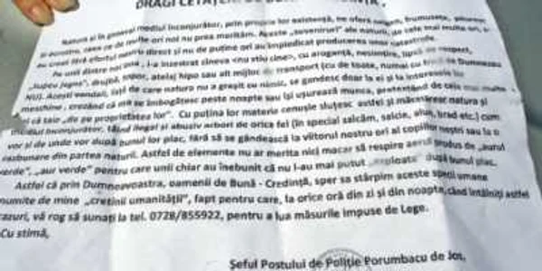 Mesajul scris de agentul Marin Andreoiu, şef de post la  Porumbacu de Jos 