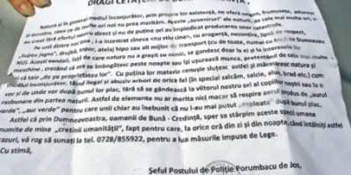 Mesajul scris de agentul Marin Andreoiu, şef de post la Porumbacu de Jos