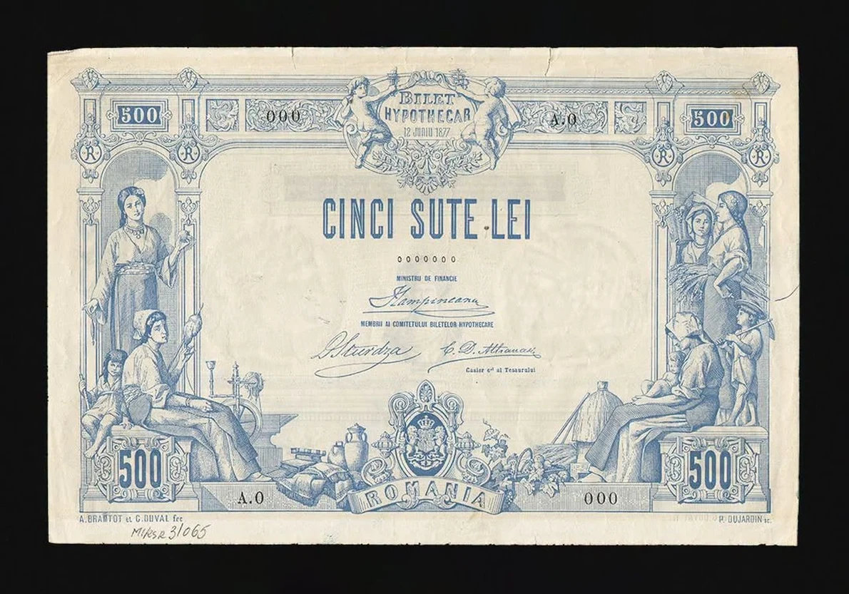 Bilet ipotecar cu valoarea de 500 Lei (specimen), 1877 (© Muzeul Național de Istorie a României)