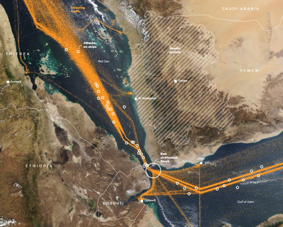 Traficul maritim prin strâmtoarea Bab El-Mandeb. Foto Credit: Reuters, NASA