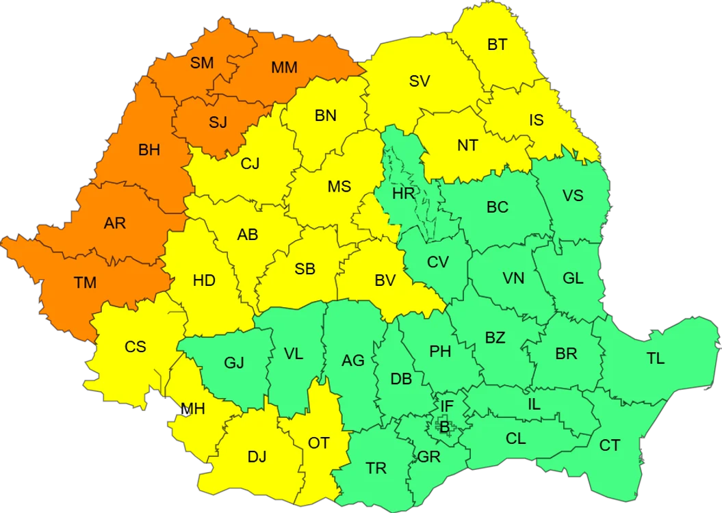 Harta zonelor afectate de căldură/ sursa ANM