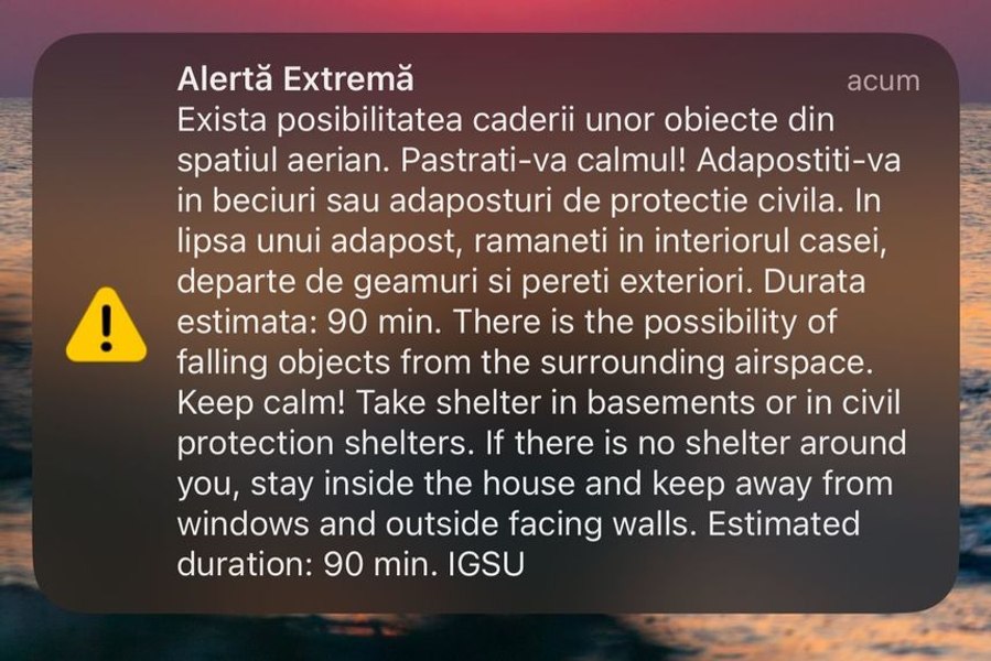 Mesaj RO-Alert privind posibilitatea căderii unor obiecte din spaţiul aerian, în Tulcea, la graniţa cu Ucraina