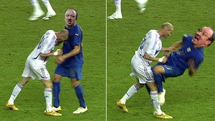Imaginea modificată în care Zidane îl pune la pământ pe Rafa Benitez