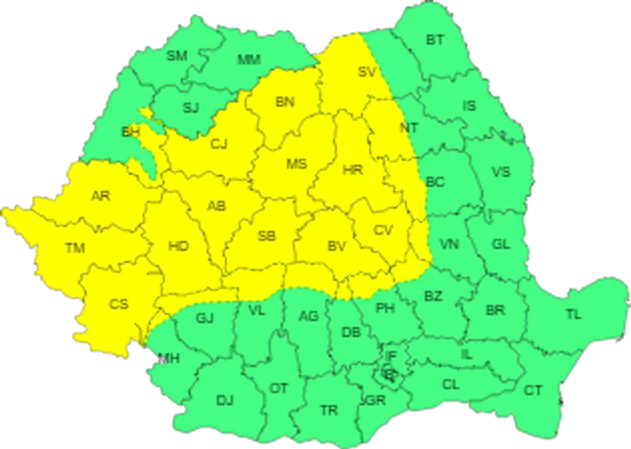 Codul galben de instabilitate atmosferică este valabil până la ora 15, potrivit hărții. FOTO ANM