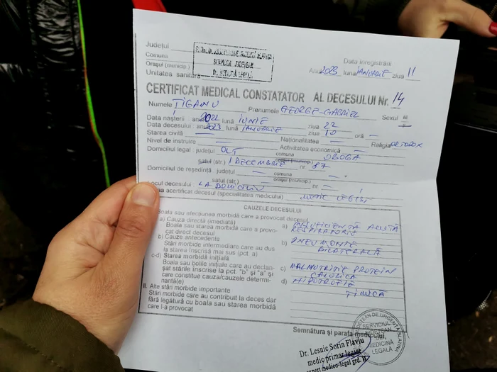 Certificatul constatator al decesului FOTO: Alian Mitran